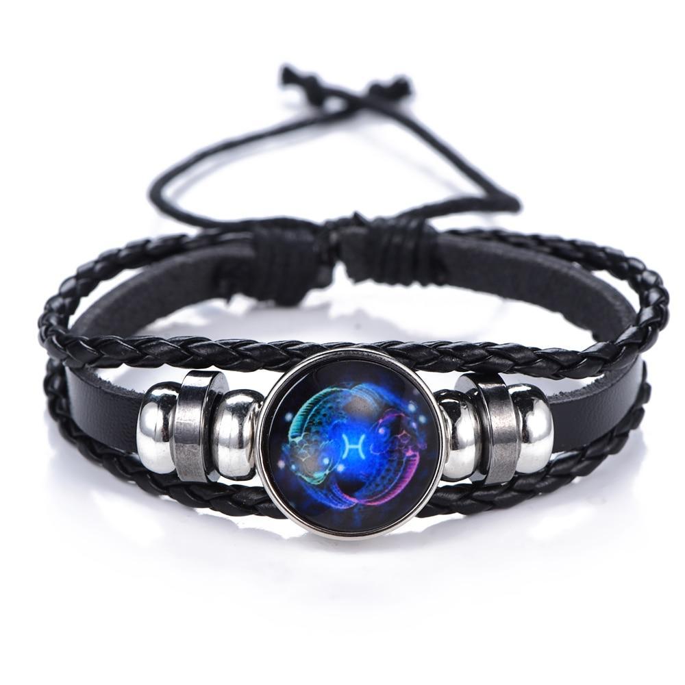 New Gemini C Leo Virgo Libra Scorpio 12 Constellation Amazing Black Elegant Punk Leather Bracelet Zodiac Bracelet For Men And Women