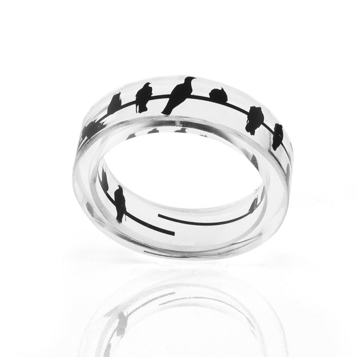 Black Birds Pattern Luxury Elegant  Transparent Crystal Finger Epic Ring Handmade for Women