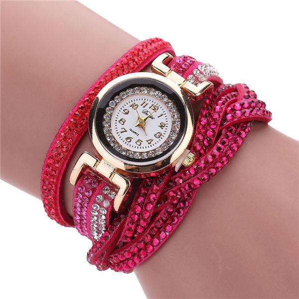 Fashion Casual Gold Quartz Women Rhinestone Watch Braided Leather Bracelet Watch Gift Ladies Wristwatch For Ladies  and Women