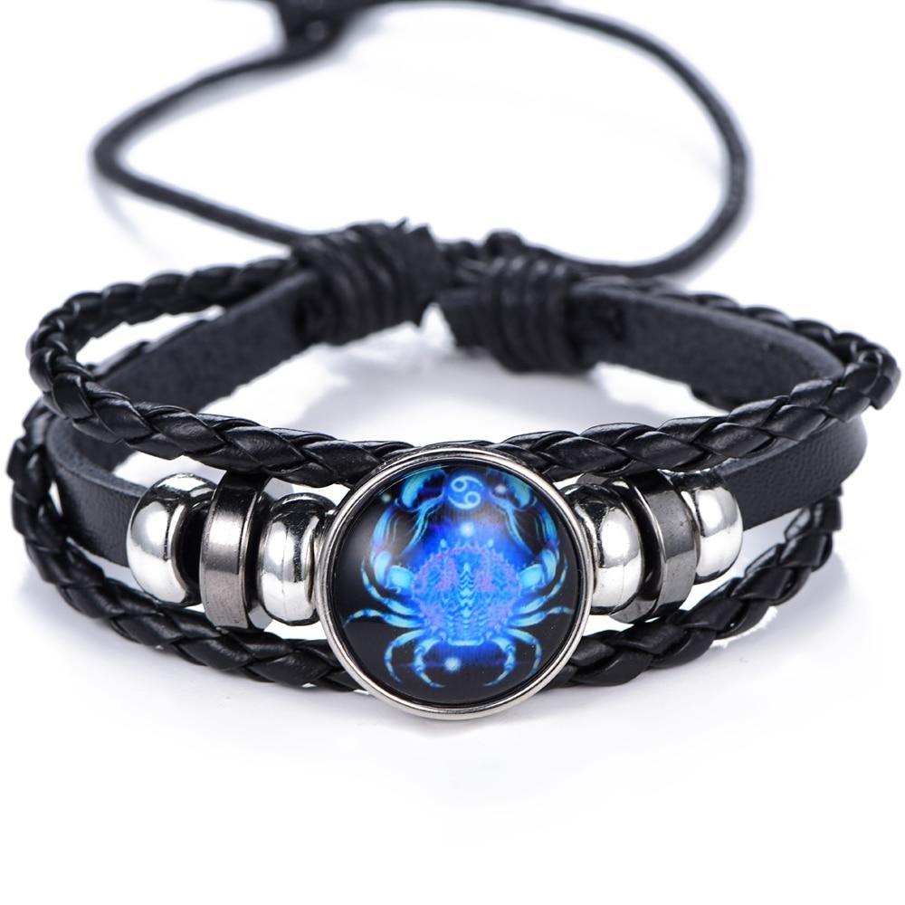 New Gemini C Leo Virgo Libra Scorpio 12 Constellation Amazing Black Elegant Punk Leather Bracelet Zodiac Bracelet For Men And Women