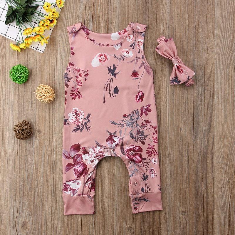 Floral Newborn Baby Girls Sleeve less Printed Rompers Jumpsuit Headband Clothes Sets Outfits For Baby Girls With Bow
