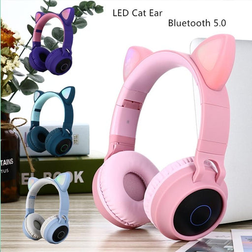 STEVVEX New Luxury Interesting LED Cat Ear Noise Cancelling Headphones Bluetooth 5.0  For Young People and  Kids Headset Support TF Card 3.5mm Plug With Mic