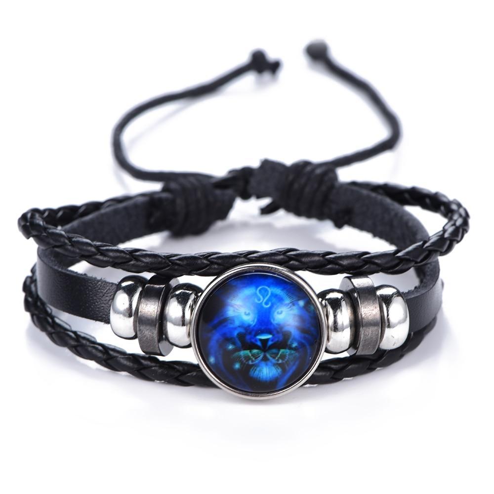 New Gemini C Leo Virgo Libra Scorpio 12 Constellation Amazing Black Elegant Punk Leather Bracelet Zodiac Bracelet For Men And Women