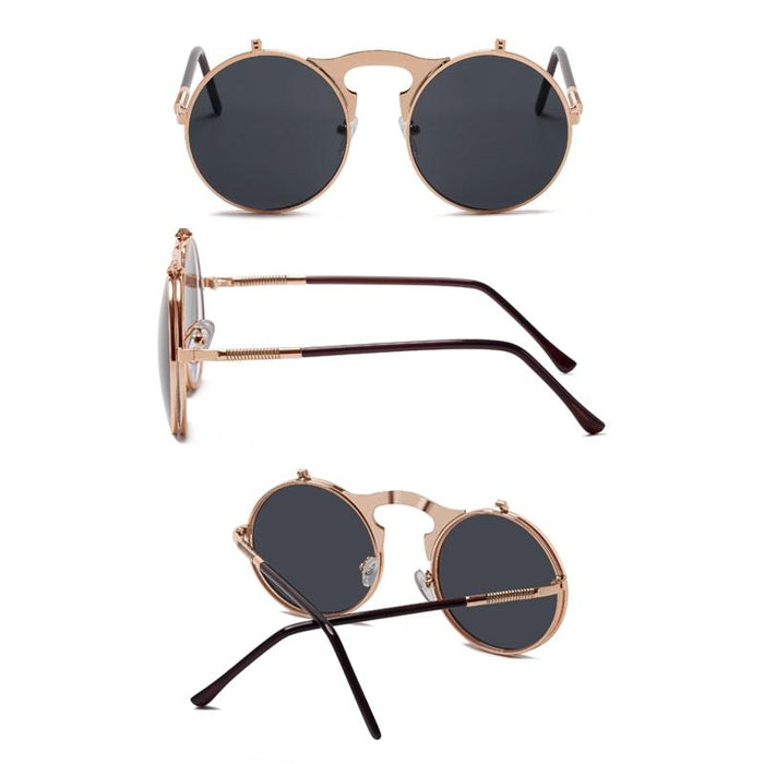 Luxury Retro  Vintage Steampunk Flip  Retro Round Metal Frame Sunglasses for Men and Women Brand Designer Circle Glasses Oculos Leon sunglasses