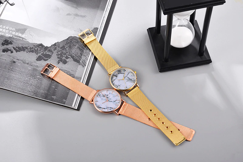 Fashion Rose Gold Mesh Band Creative Marble Female Wrist Watch Luxury Women Quartz Watches Gifts  For Women and Girls