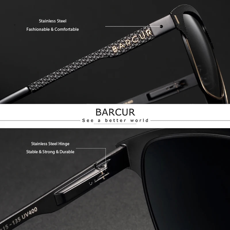 BARCUR Polarized Men’s Sunglasses – Fashionable Square Stainless Steel Frame UV400 Protection Anti-Reflective Outdoor Sports & Driving Eyewear – Original Design Casual Style with Premium Polycarbonate Lenses