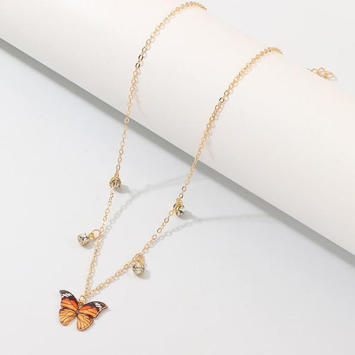 Luxury European Women Butterfly Pendant Necklaces Colorful Rhinestone Gold Chain Simple Choker Necklace