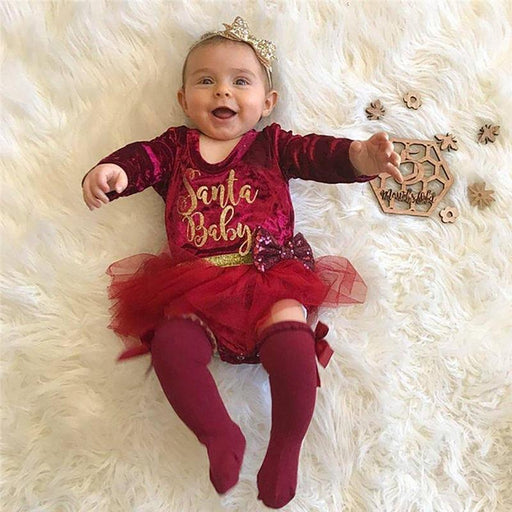 0-18 Months Baby Girls Red Long Sleeve Letters Printed Pattern Christmas Party Dress Perfect Gift
