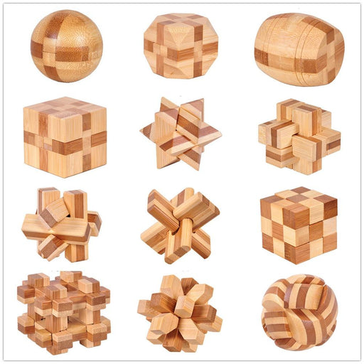 12 Style Brain Teaser 3D Wooden Interlocking Puzzles Game Toy Bamboo Small Size For Adults Kids