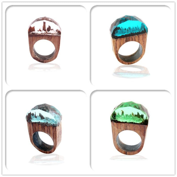 Epic Handmade Luxury Wedding Wood Resin Stone Ring Elegant With Magnificent Fantasy Secret Magic Landscape Wooden for Women and Men