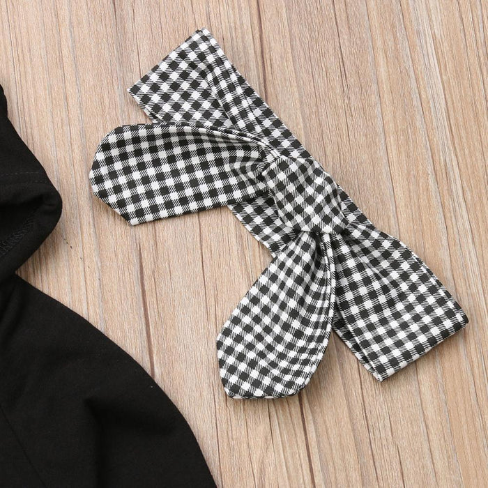 1-6Y Winter Toddler Baby Girls Clothes Sets, Hooded Pullover Black Tops and Ruffles Plaid Pants Headband In Modern New Style