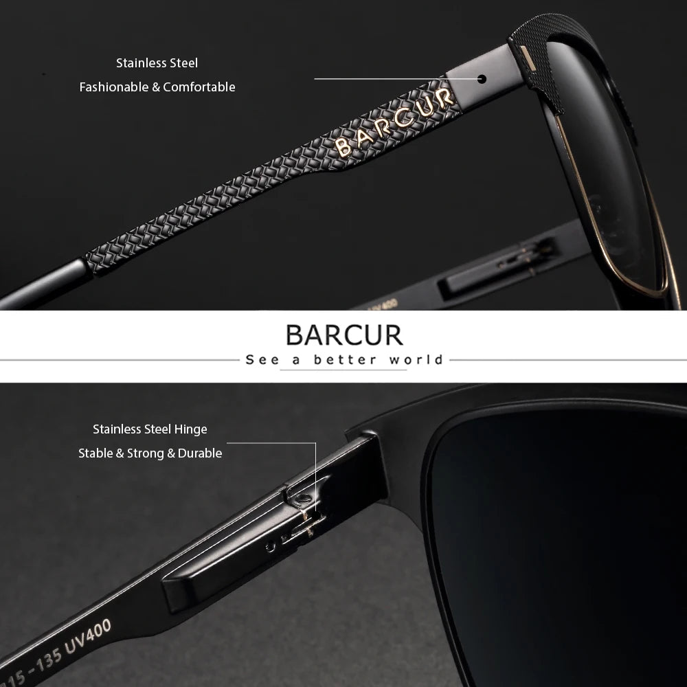 BARCUR Polarized Men’s Sunglasses – Fashionable Square Stainless Steel Frame UV400 Protection Anti-Reflective Outdoor Sports & Driving Eyewear – Original Design Casual Style with Premium Polycarbonate Lenses