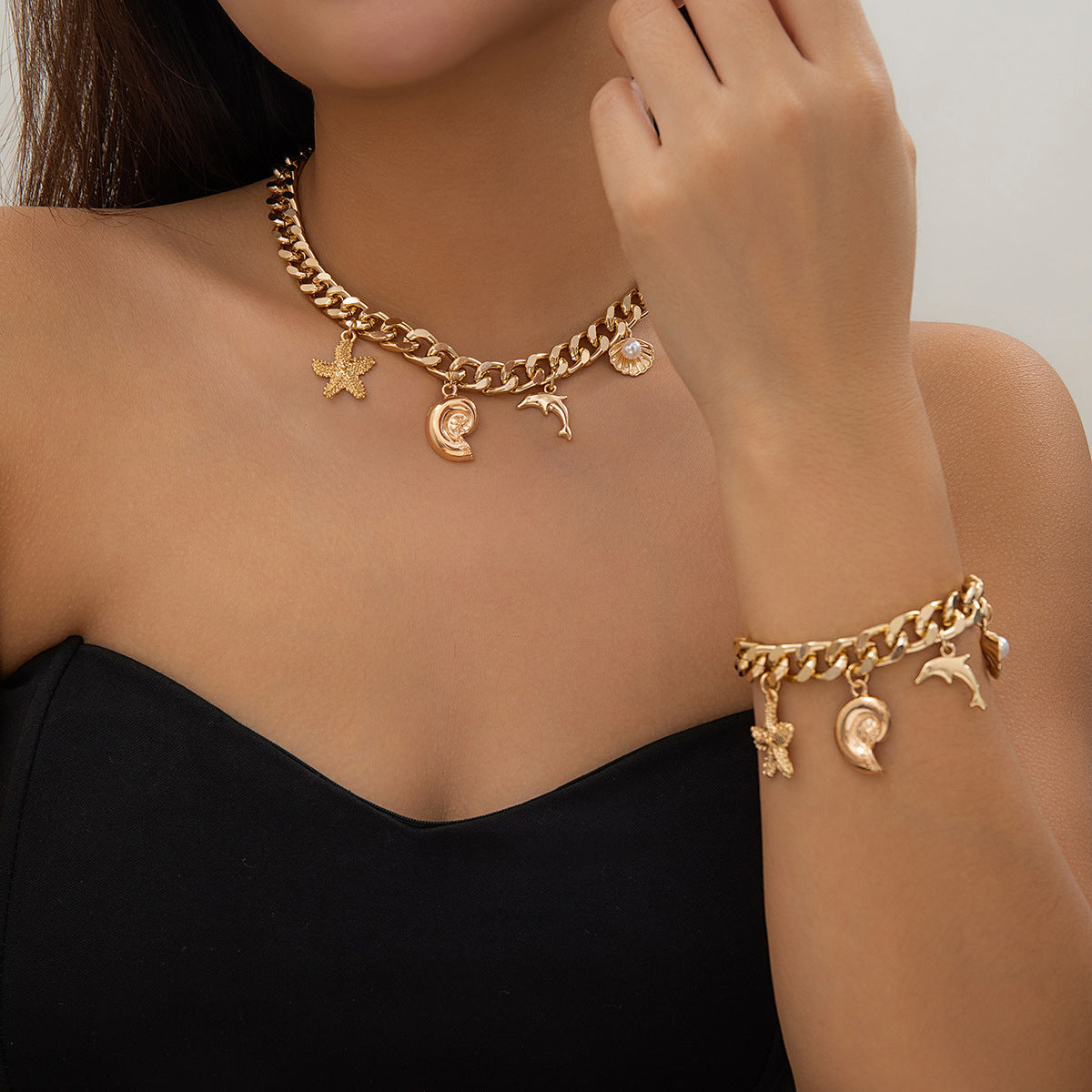 Boho Vintage Conch Dolphin Starfish Pendant Necklace Bracelet Set For Women Trendy Tassel Chain Choker Grunge Jewelry Fashion Ocean Summer Gift