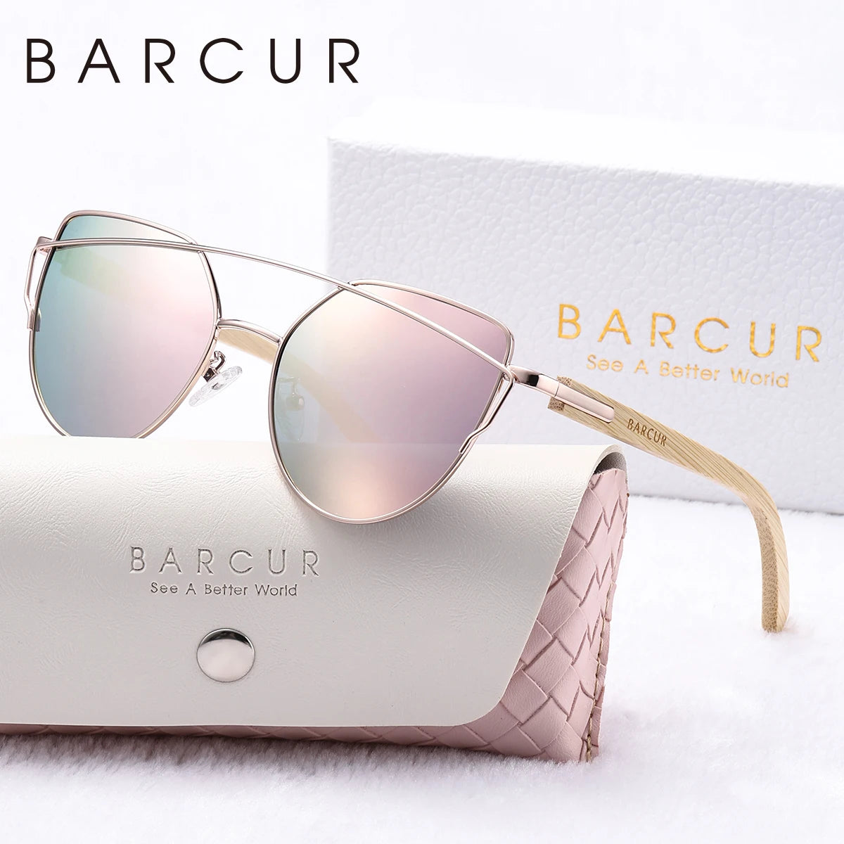 BARCUR Luxury High-Quality UV400 Women’s Polarized Sunglasses Cat Eye Bamboo Foot Frame Mirrored Lenses Presented in a White Gift Box for Summer