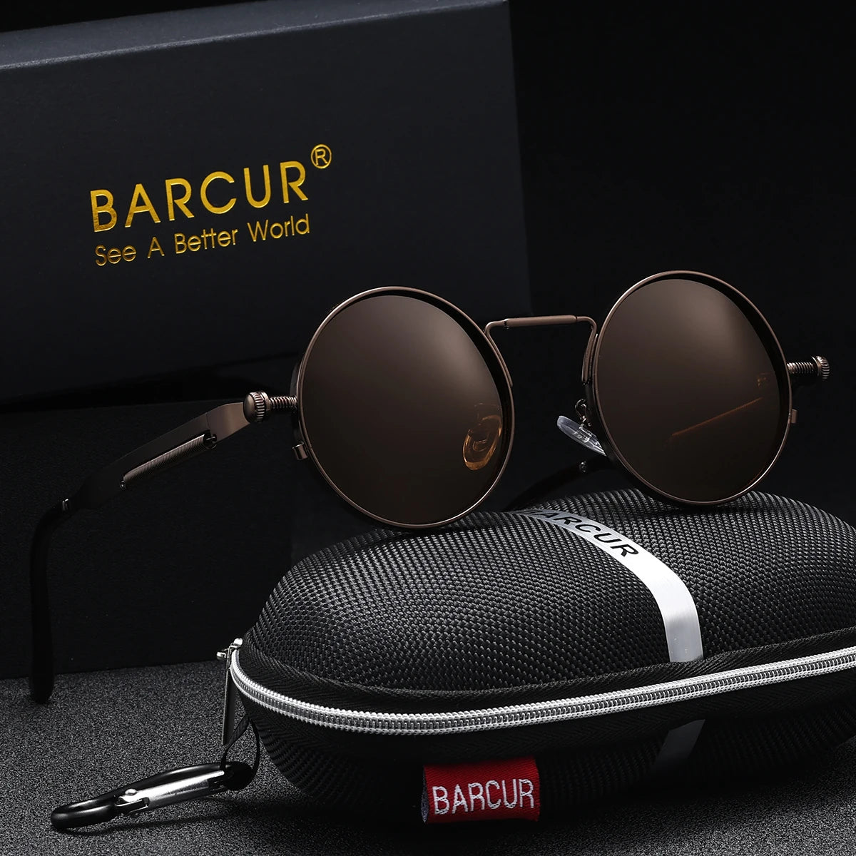 BARCUR Polarized Round Steampunk Sunglasses for Men – Retro Fashion Stainless Steel Frame with UV400 Protection and Spring Hinges – Luxury Vintage Style Circular Sun Glasses for Women & Men Perfect for Outdoor Travel and Summer Events