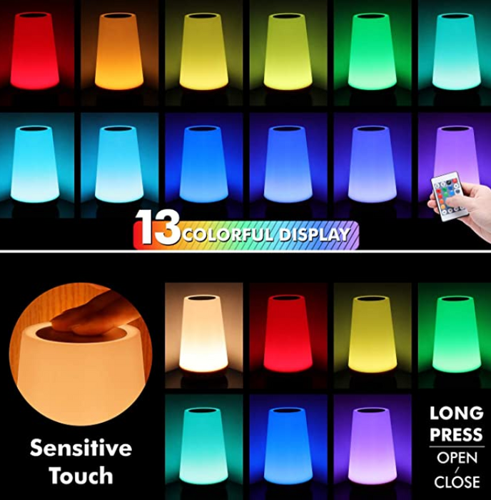 Stevvex Touch Lamp, Portable Table Sensor Control Bedside Lamps with Quick USB Charging Port, 5 Level Dimmable Warm White Light & 13 Color Changing RGB for Bedroom/Office/Hallways
