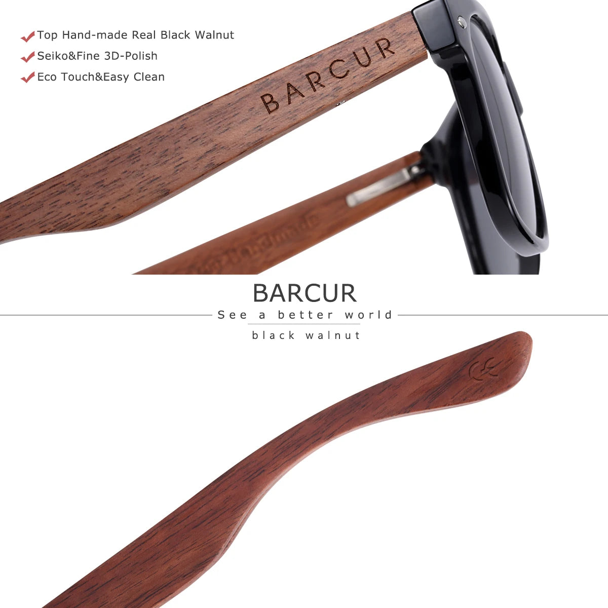 BARCUR Black Walnut Polarized Sunglasses for Men UV400 Sunscreen Protection Wooden Frame Polarized Lenses Presented in an Original Brand Box for Summer
