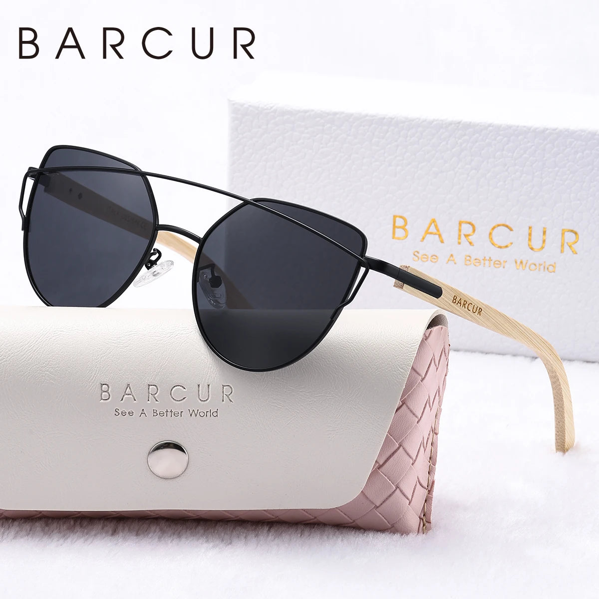 BARCUR Luxury High-Quality UV400 Women’s Polarized Sunglasses Cat Eye Bamboo Foot Frame Mirrored Lenses Presented in a White Gift Box for Summer