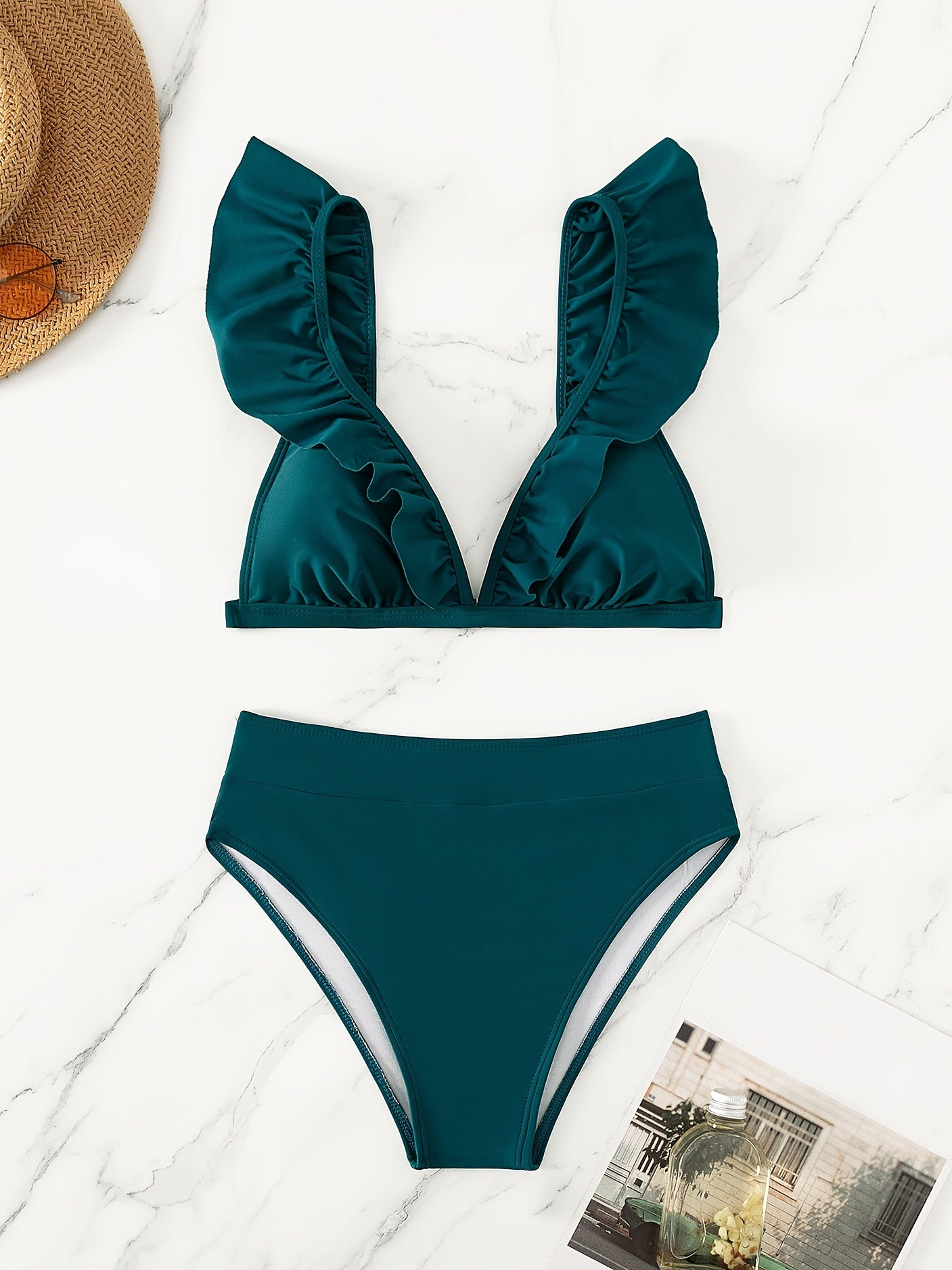 New Elegance Curve V-Neck Bikini Set – Sleek Solid Color High Waist Swimsuit with High-Cut Leg and Delicate Lettuce Trim – Stretch Comfort and Easy-Care Two-Piece Swimwear for Women’s Poolside Style