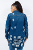 American Dark Blue Bazi Distressed Button Up Long Sleeve Jacket Trendy Buttoned Jacket with Distressed Finish for Women