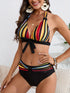 New Bikini Striped Bow Halter High Waist 2 Piece Swimsuit for Women – Colorful Backless Bikini Set with Knot Detail for Summer – Stretchy Retro-Inspired Summer Bathing Suit for Beach Vacation Pool Party Resort Look