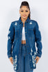 American Dark Blue Bazi Distressed Button Up Long Sleeve Jacket Trendy Buttoned Jacket with Distressed Finish for Women