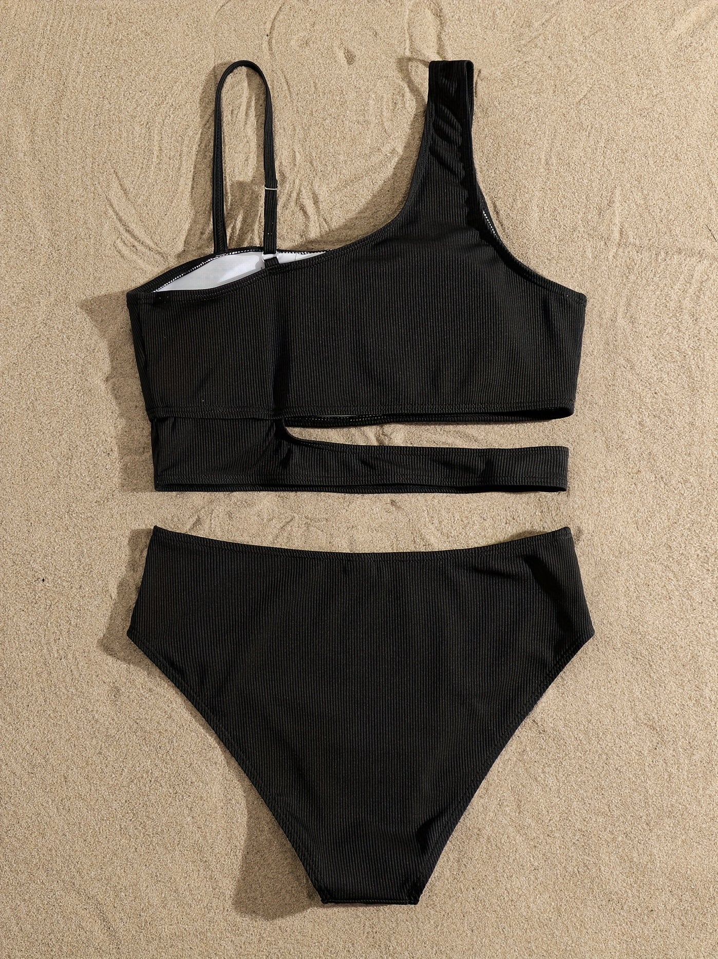 Bikini Asymmetrical Solid Color 2 Piece Swimsuit – Modern One Shoulder Unique Bikini Set for Women – High Stretch Contrast Trim Easy Care Swimwear for Beach Pool & Summer Getaways