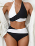 Bikini Black and White Contrast Color Criss Cross Neck 2 Piece Swimsuit for Women – Stylish Medium Stretch Two-Tone Bikini Set with Unique Neckline and Flattering Fit – Modern Swimwear for Beach Days, Pool Lounging, and Summer Escapes