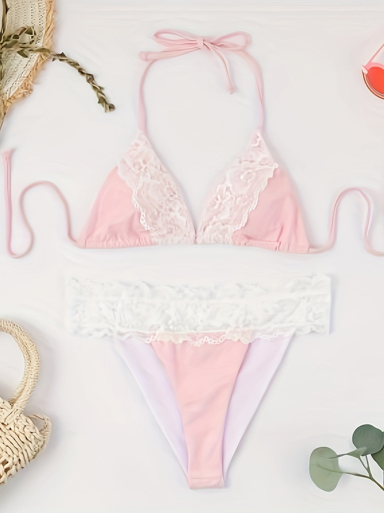 Riviera Glow Color Block Halter Bikini Set for Women – Deep V-Neck Lace Trim Two-Piece Flattering Swimsuit with Adjustable Tie Back & High-Cut Bottoms – Ultra-Stretch Polyamide Swimwear for Confident Summer Style