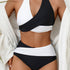 Bikini Black and White Contrast Color Criss Cross Neck 2 Piece Swimsuit for Women – Stylish Medium Stretch Two-Tone Bikini Set with Unique Neckline and Flattering Fit – Modern Swimwear for Beach Days, Pool Lounging, and Summer Escapes