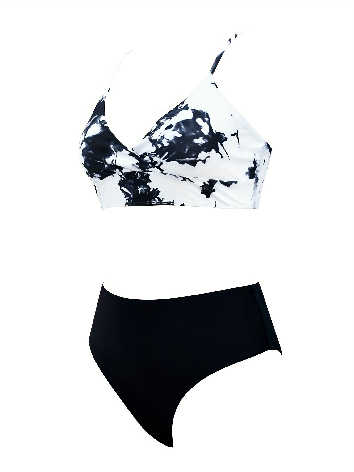 Coastal Flair V-Neck Bikini Set – Eye-Catching Random Print Two-Piece Chic Swimsuit with Spaghetti Straps High Cut Shorts and Ultra-Stretch Comfort – Women’s Summer Swimwear for Beach Days & Casual Poolside Vibes