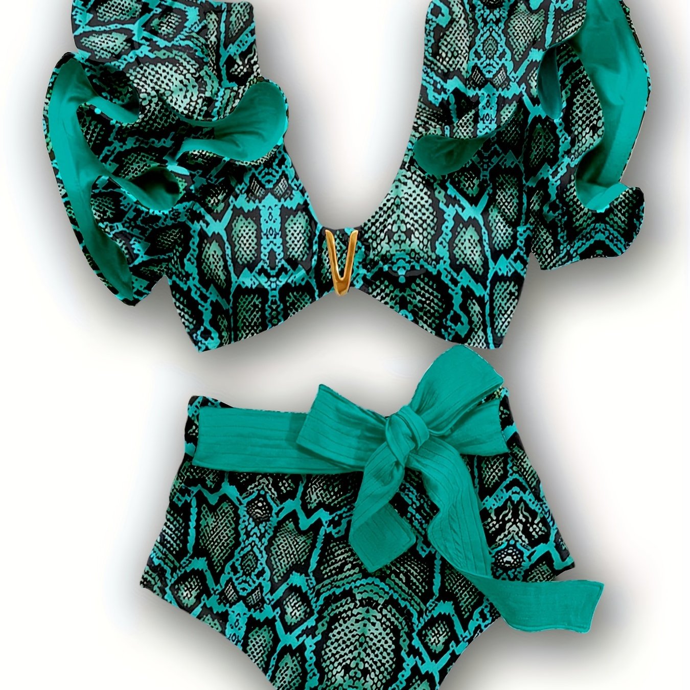 New Vibrant Ruffle V-Notch Bikini Set – Flattering Tie Front Design with High Waist & High Cut Bottoms – Solid Color Two-Piece Swimsuit for Women’s Valentine’s Day Beachwear Poolside Lounging & Summer Escapes