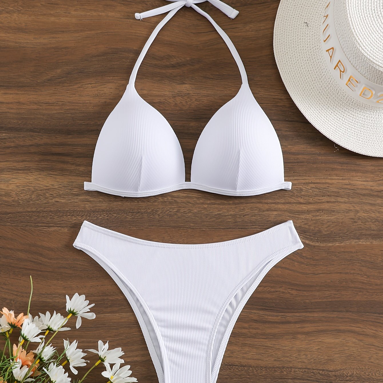 Bikini Rib Knit Solid Color Triangle 2 Piece Swimsuit for Women – Adjustable Tie Back Halter Bikini Set with Spaghetti Straps – High Stretch Polyester Swimwear for Summer Beachwear Poolside Relaxation and Tropical Vacation