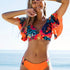 Bloom Day Ruffle Bikini Set – Chic Elegant Plant Print V-Neck Swimsuit with Tie-Back and High-Stretch Ruffle Trim – Women's 2-Piece Swimwear for Poolside Style & King’s Day Celebrations