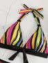 New Bikini Striped Bow Halter High Waist 2 Piece Swimsuit for Women – Colorful Backless Bikini Set with Knot Detail for Summer – Stretchy Retro-Inspired Summer Bathing Suit for Beach Vacation Pool Party Resort Look