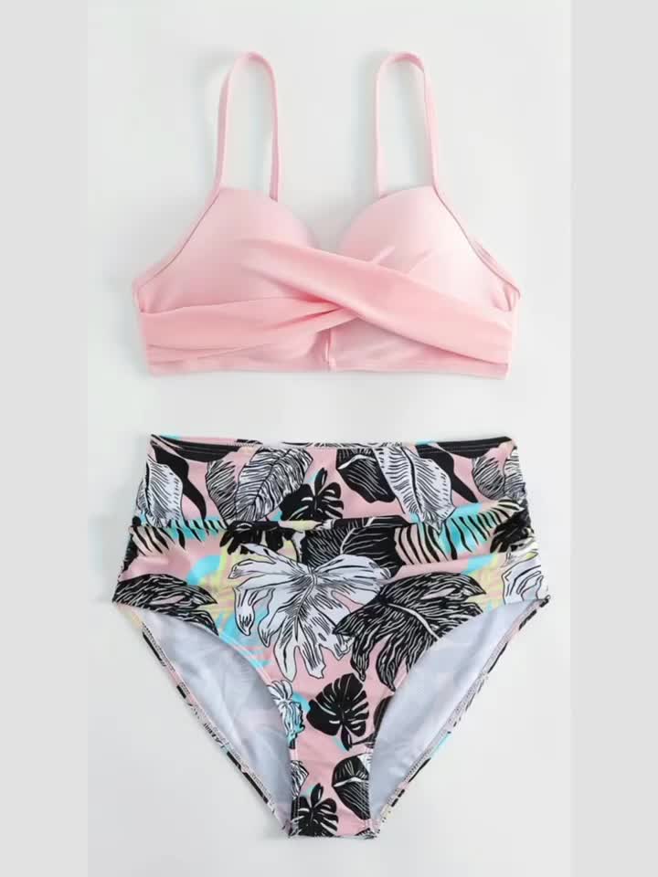 Tropical Vibe High Waist Bikini Set – Flirty V-Neck Swimsuit with Layered Colorblock High Cut Bottom Crisscross Strap Detail & Ultra-Stretch Comfort – Women's Two Piece Swimwear for Summer Beach Pool & Vacation Fun