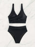 Bikini Solid Black Twist Front High Waist 2 Piece Swimsuit for Women – Stretchy V Neck Bikini Set with Ruched Tummy Control and Cross Strape Detail – Quick Drying Polyamide Swimwear for Beachwear Poolside and Summer Travel