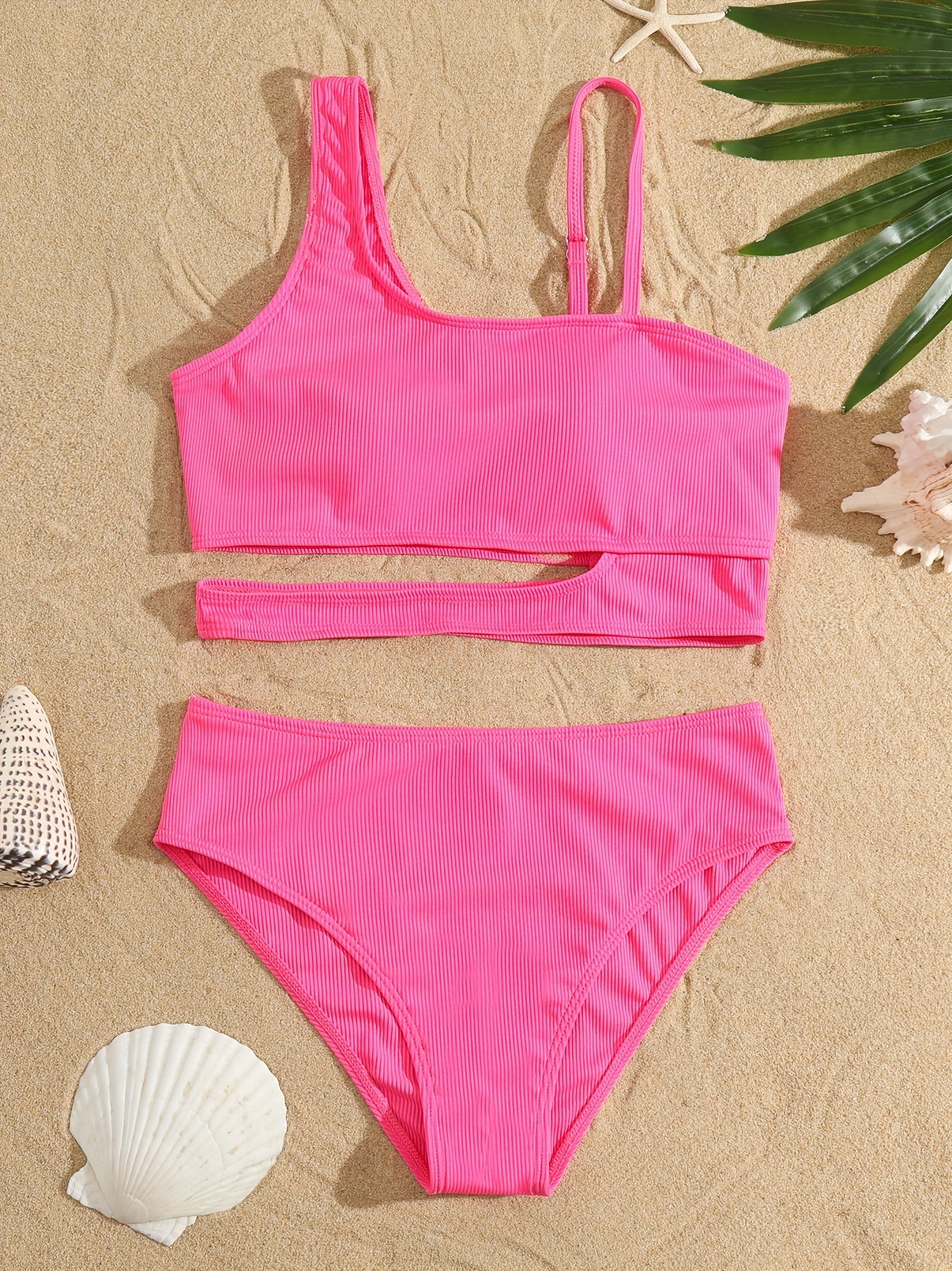 Bikini Asymmetrical Solid Color 2 Piece Swimsuit – Modern One Shoulder Unique Bikini Set for Women – High Stretch Contrast Trim Easy Care Swimwear for Beach Pool & Summer Getaways