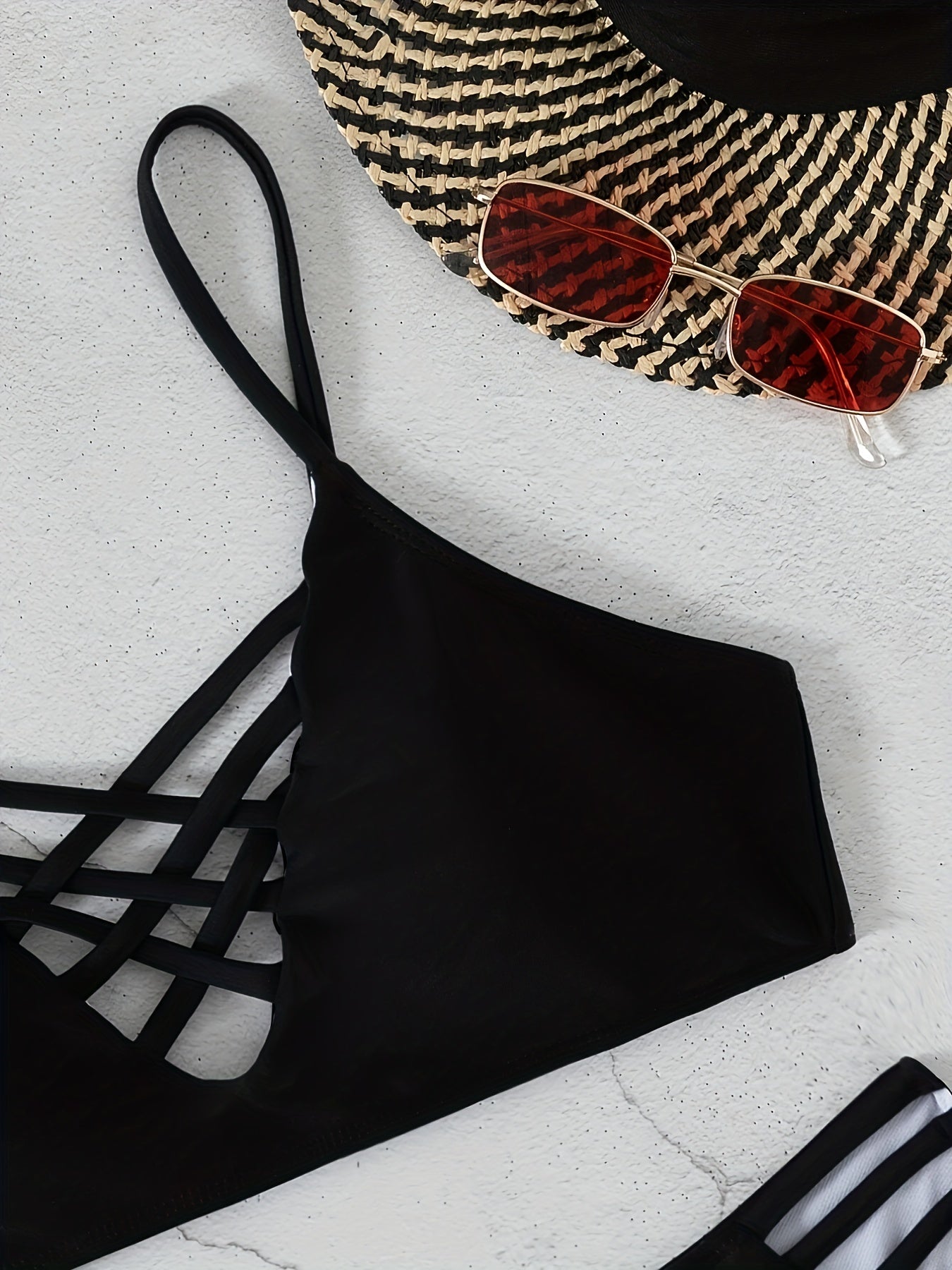 Noir Allure Criss Cross Bikini Set for Women – Chic Elegant Hollow Out Design with High Waist Buckle Detail Adjustable Spaghetti Straps & Medium Stretch Nylon – 2-Piece Women's Swimwear for Summer Beach Days & Poolside Glam