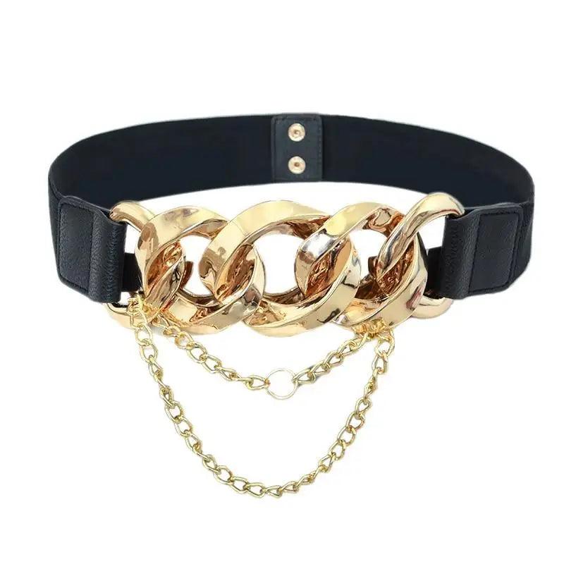 Black Vintage Ladies Dress Belt Charming Chain Buckle Elastic Luxurious Women Belt Metal Chain Style Party Fashion