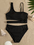Bikini Asymmetrical Solid Color 2 Piece Swimsuit – Modern One Shoulder Unique Bikini Set for Women – High Stretch Contrast Trim Easy Care Swimwear for Beach Pool & Summer Getaways