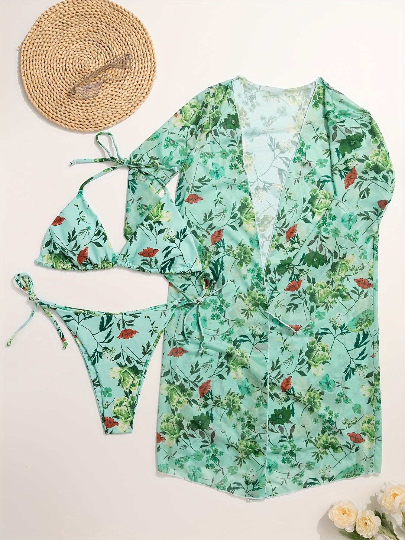 Bikini European Style Floral Print 3 Piece Swimsuit Set for Women – Sexy V Neck Bikini with Cross Strap Detail and Matching Long Sleeve Cover-Up – High Stretch Trendy Swimwear for Summer Beach Vacations Resort Looks and Poolside Fashion