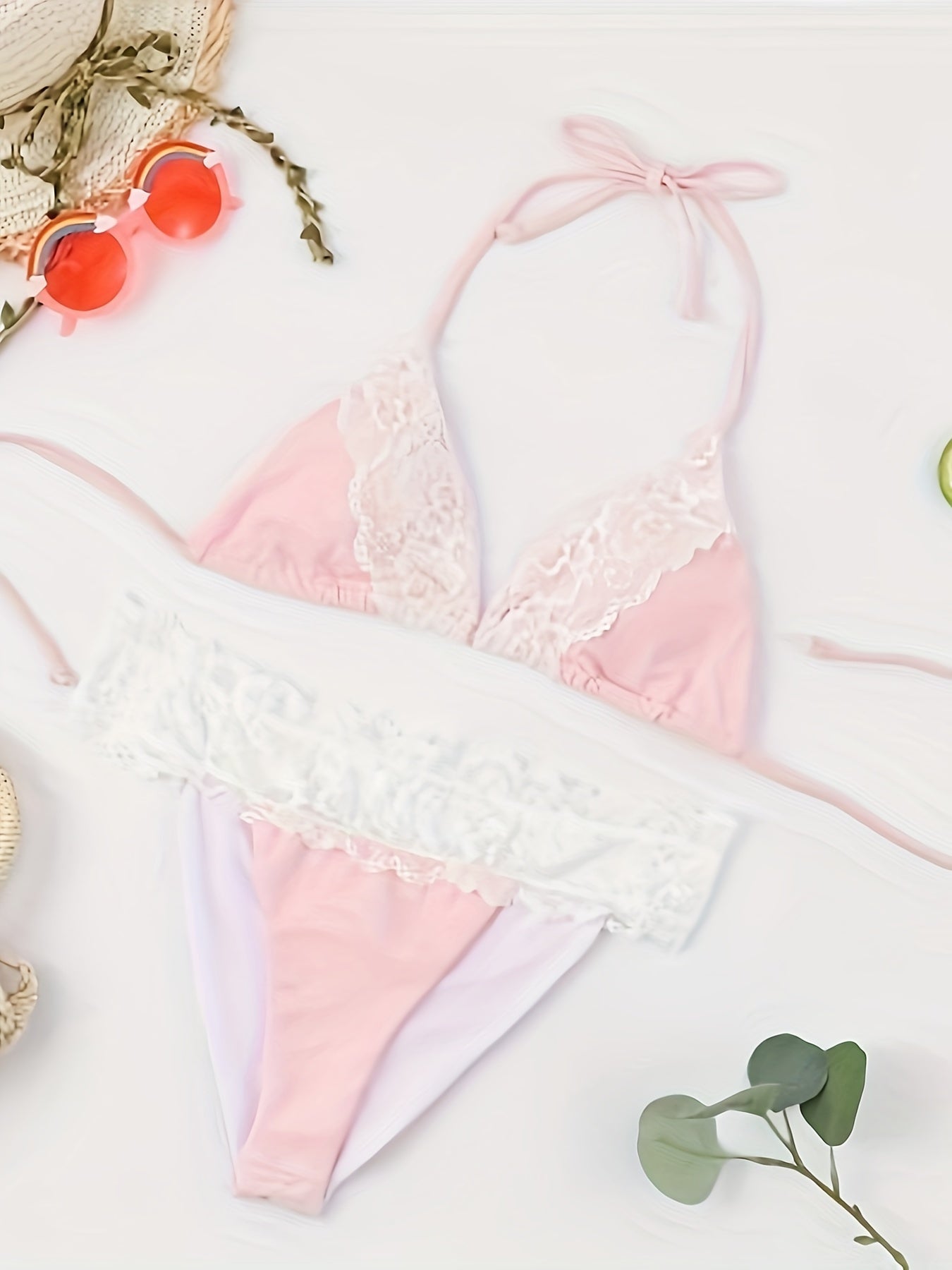 Riviera Glow Color Block Halter Bikini Set for Women – Deep V-Neck Lace Trim Two-Piece Flattering Swimsuit with Adjustable Tie Back & High-Cut Bottoms – Ultra-Stretch Polyamide Swimwear for Confident Summer Style