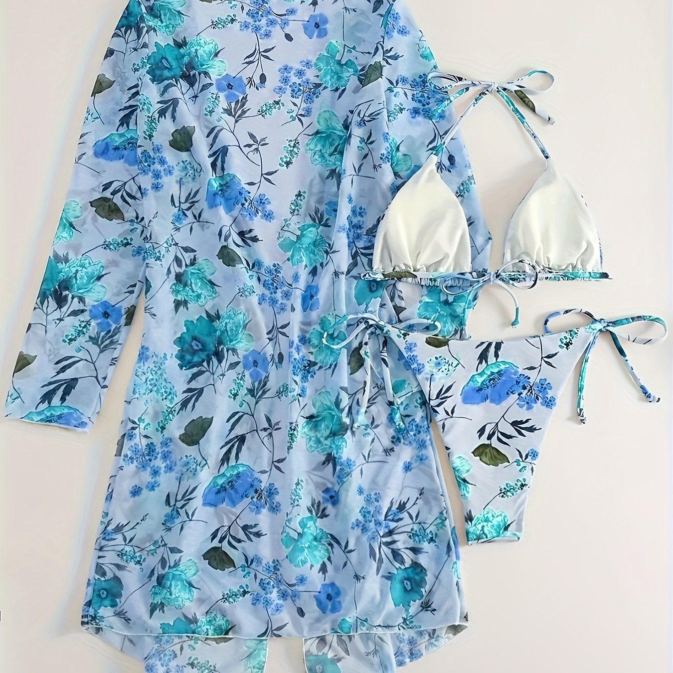 Bikini European Style Floral Print 3 Piece Swimsuit Set for Women – Sexy V Neck Bikini with Cross Strap Detail and Matching Long Sleeve Cover-Up – High Stretch Trendy Swimwear for Summer Beach Vacations Resort Looks and Poolside Fashion