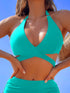 Coastal Curve Halter Bikini Set for Women – V-Neck Crisscross Drawstring Swimsuit with Chic Ring Detail & High-Waisted Boxer Shorts for Summer – Sleek Two-Piece Nylon Swimwear for Women’s Beach & Poolside Style