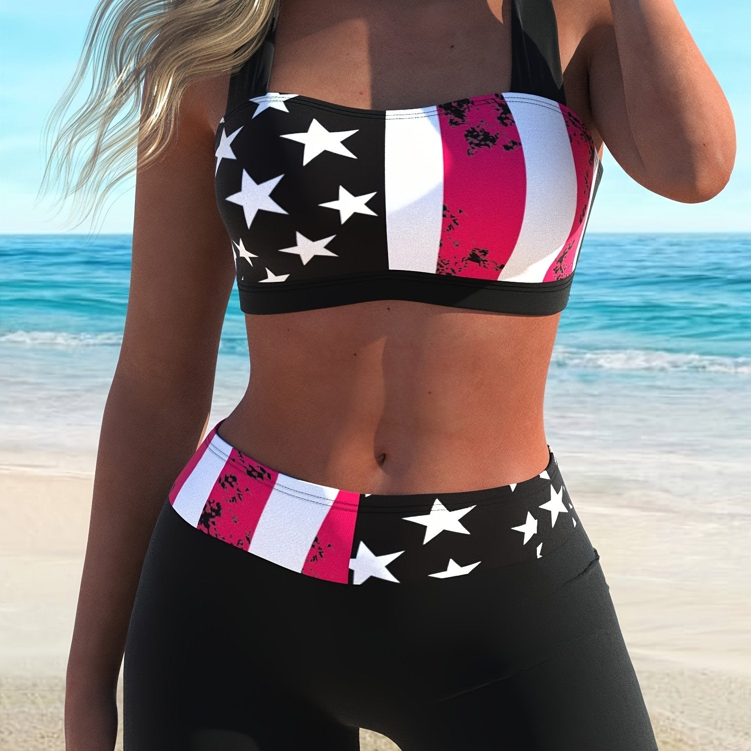 Bikini American Flag Print 2 Piece Criss Cross Halter Swimsuit for Women – High Stretch Patriotic Bikini Set with Ring Knot Back and Boxer Shorts Bottoms – Comfortable Summer Swimwear for Beach Pool and 4th of July Celebrations