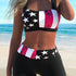 Bikini American Flag Print 2 Piece Criss Cross Halter Swimsuit for Women – High Stretch Patriotic Bikini Set with Ring Knot Back and Boxer Shorts Bottoms – Comfortable Summer Swimwear for Beach Pool and 4th of July Celebrations