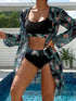 Bikini 3 Piece Tropical Print Swimsuit Set – High Stretch Comfortable Women's Bikini with Crew Neck Mesh Cover-Up – Chic Vacation Beachwear for Summer Casual Style & Poolside Glamour