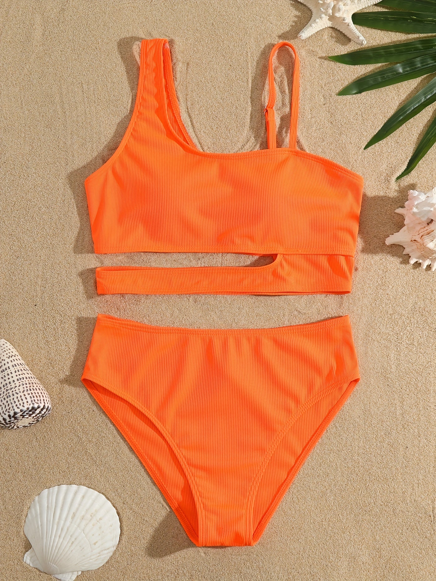 Bikini Asymmetrical Solid Color 2 Piece Swimsuit – Modern One Shoulder Unique Bikini Set for Women – High Stretch Contrast Trim Easy Care Swimwear for Beach Pool & Summer Getaways