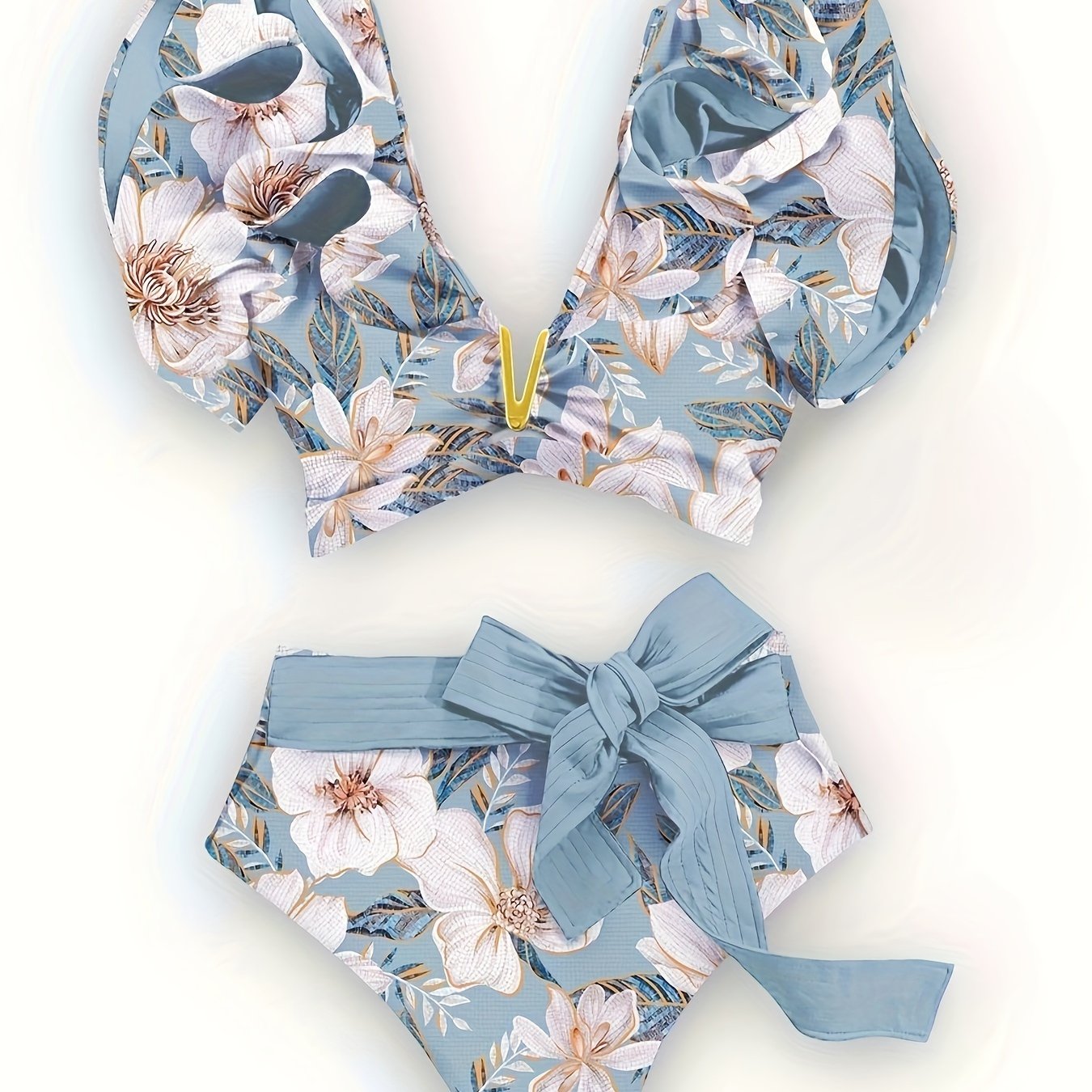 New Vibrant Ruffle V-Notch Bikini Set – Flattering Tie Front Design with High Waist & High Cut Bottoms – Solid Color Two-Piece Swimsuit for Women’s Valentine’s Day Beachwear Poolside Lounging & Summer Escapes